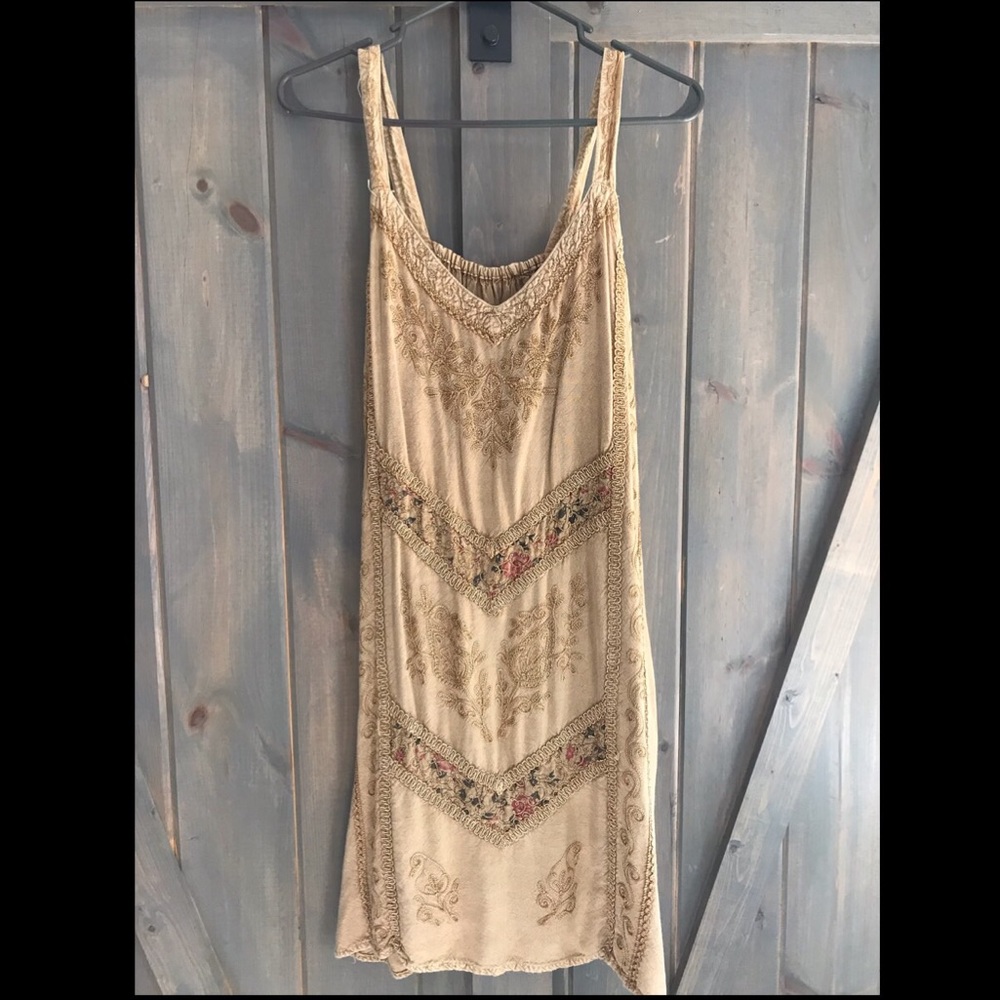 Tan Shift-style Dress with Embroidered Detail